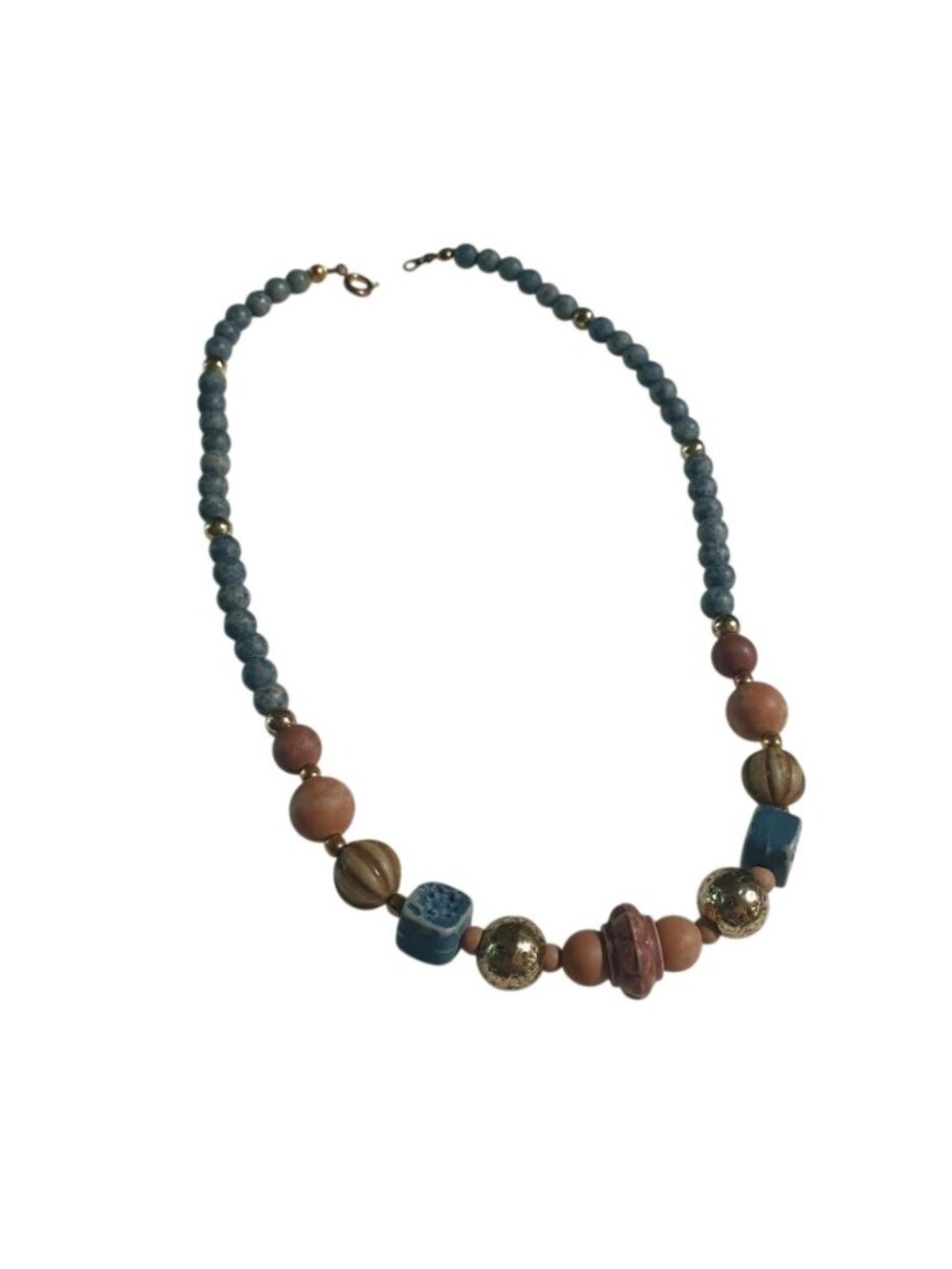 Handcrafted Beaded Necklace Acrylic Earthy Tones Blue Brown Clasp Beach Core